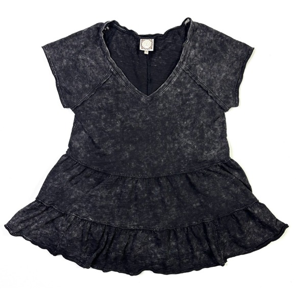 Truself Tops - Truself Tunic Top Women's Small Black Mineral Wash Tiered Ruffle V-Neck